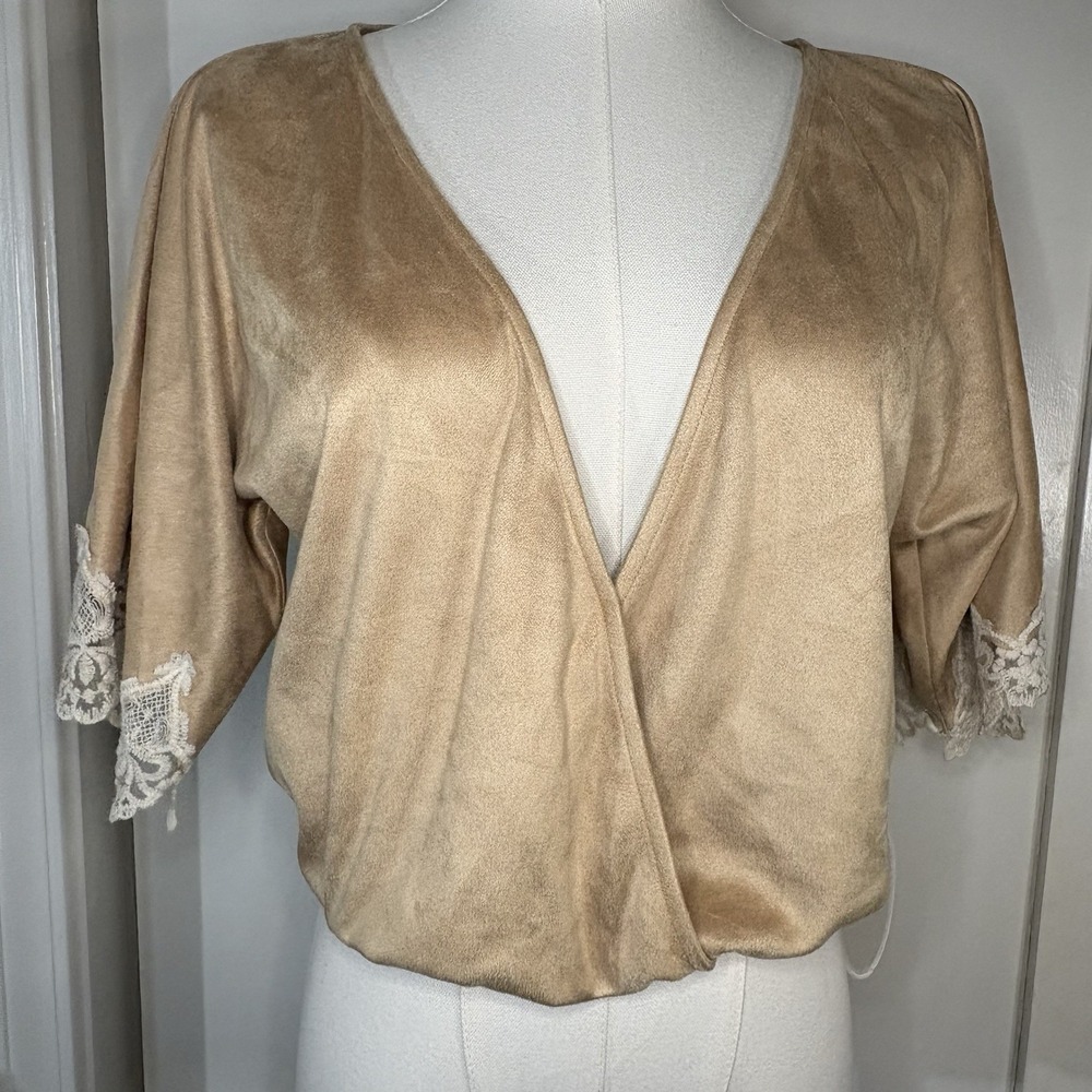 NWT Winston White Women's Tan Faux Suede Crop Wrap Front V-neck Dolman Sleeve Sm